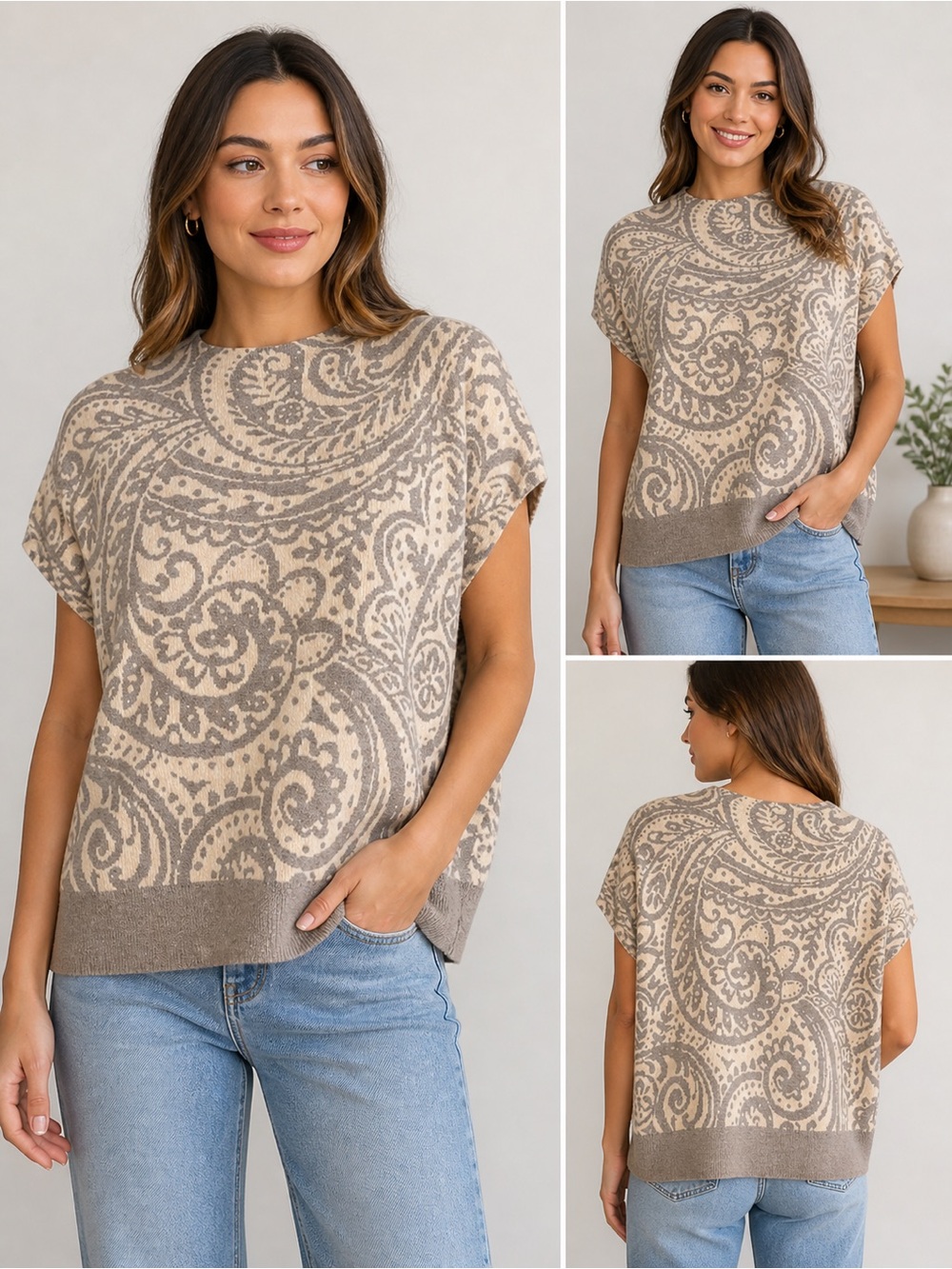 Cynthia Rowley Paisley Knit Sweater Gray Ivory Soft Luxe Oversized Large